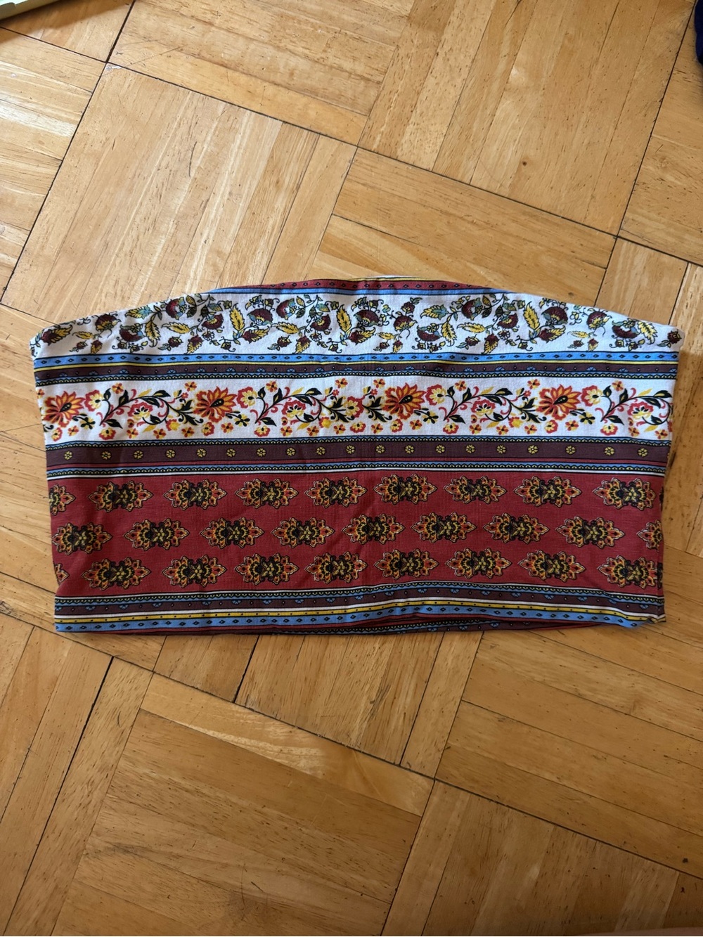 Forever 21 Burgundy, White and Blue Boho Print Strapless Crop Top